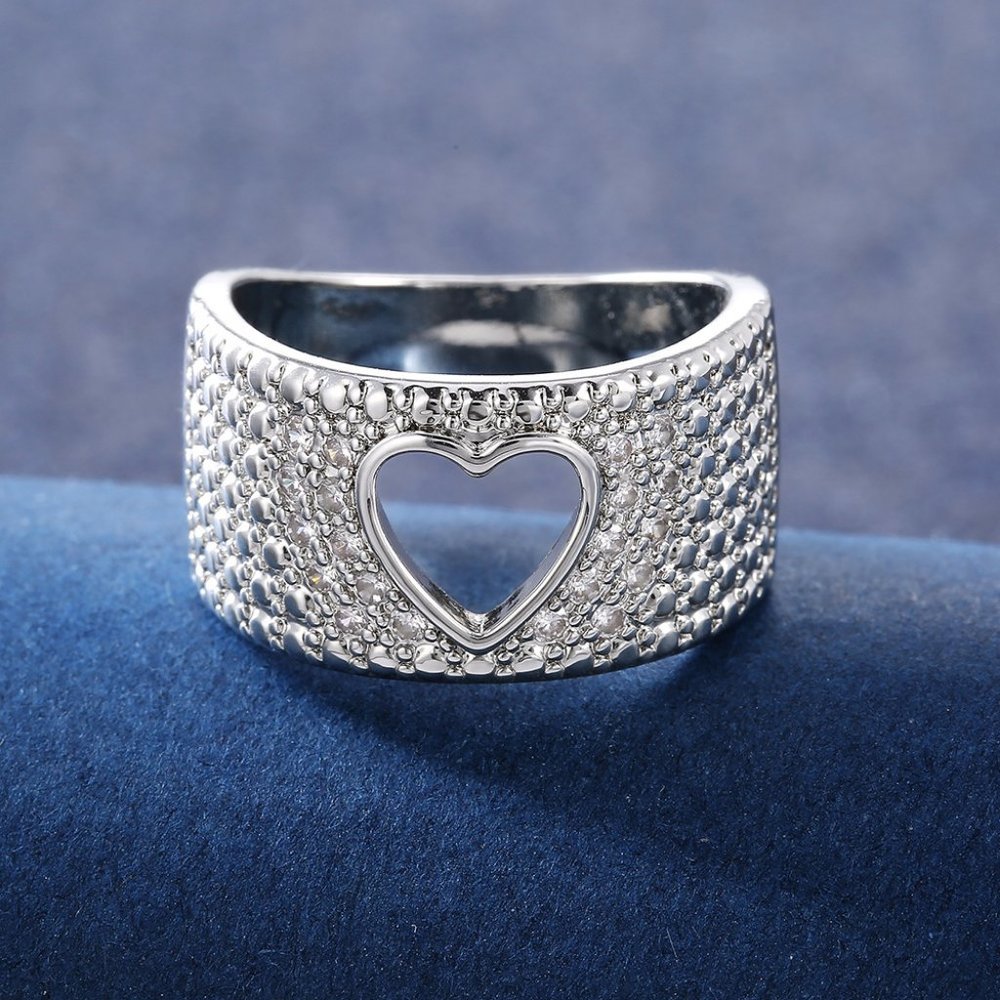 NEW  Hollow Heart Pave Diamond Silver Wide Ring - Picture 2 of 4